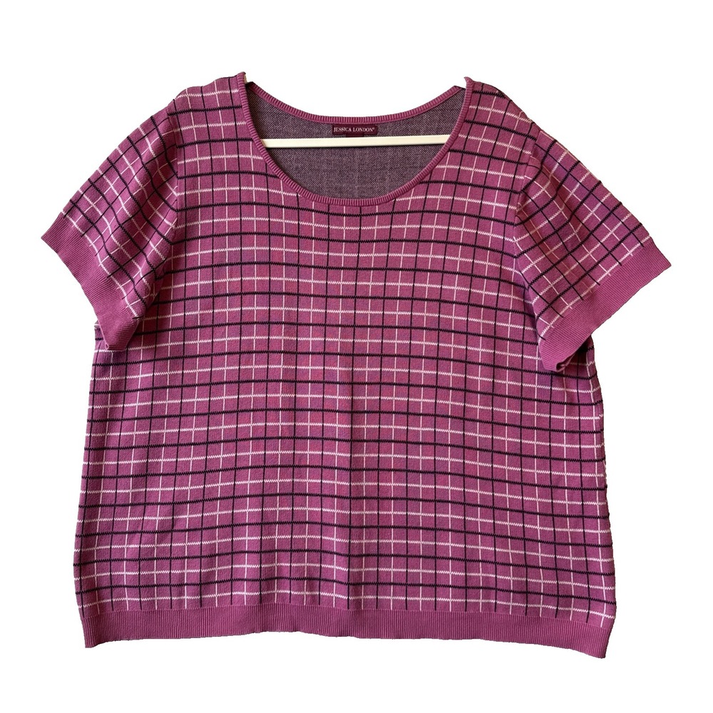 Jessica London Purple Plaid Check Short Sleeve Knit Sweater Women's 26/28 Preppy